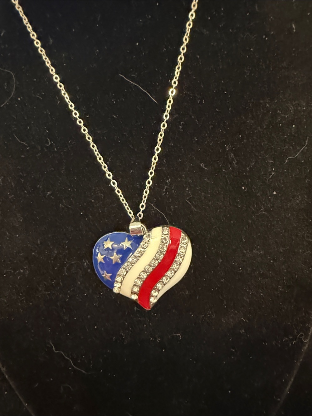 Patriotic Heart Pendant Necklace - Silver Tone Red White Blue